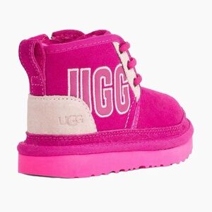 UGG Kids Hot Pink Suede Lace-Up Ankle Boot with Cream Heel Accent